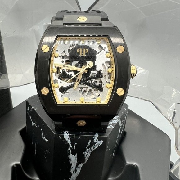 PHILIPP PLEIN Men's Automatic The $keleton Black & Gold-Tone Tonneau Strap Watch - Picture 3 of 9